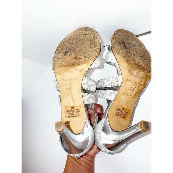 Antonio Melani Sandal Heels Strappy Snake Metallic Silver Leather Stiletto 8 M - Picture 12 of 16